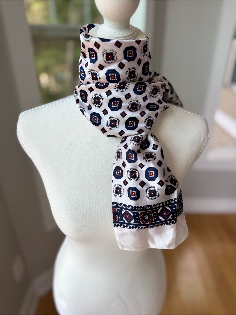 Vintage 70’s White Rectangular Scarf or Belt with Navy Red Geometric Print